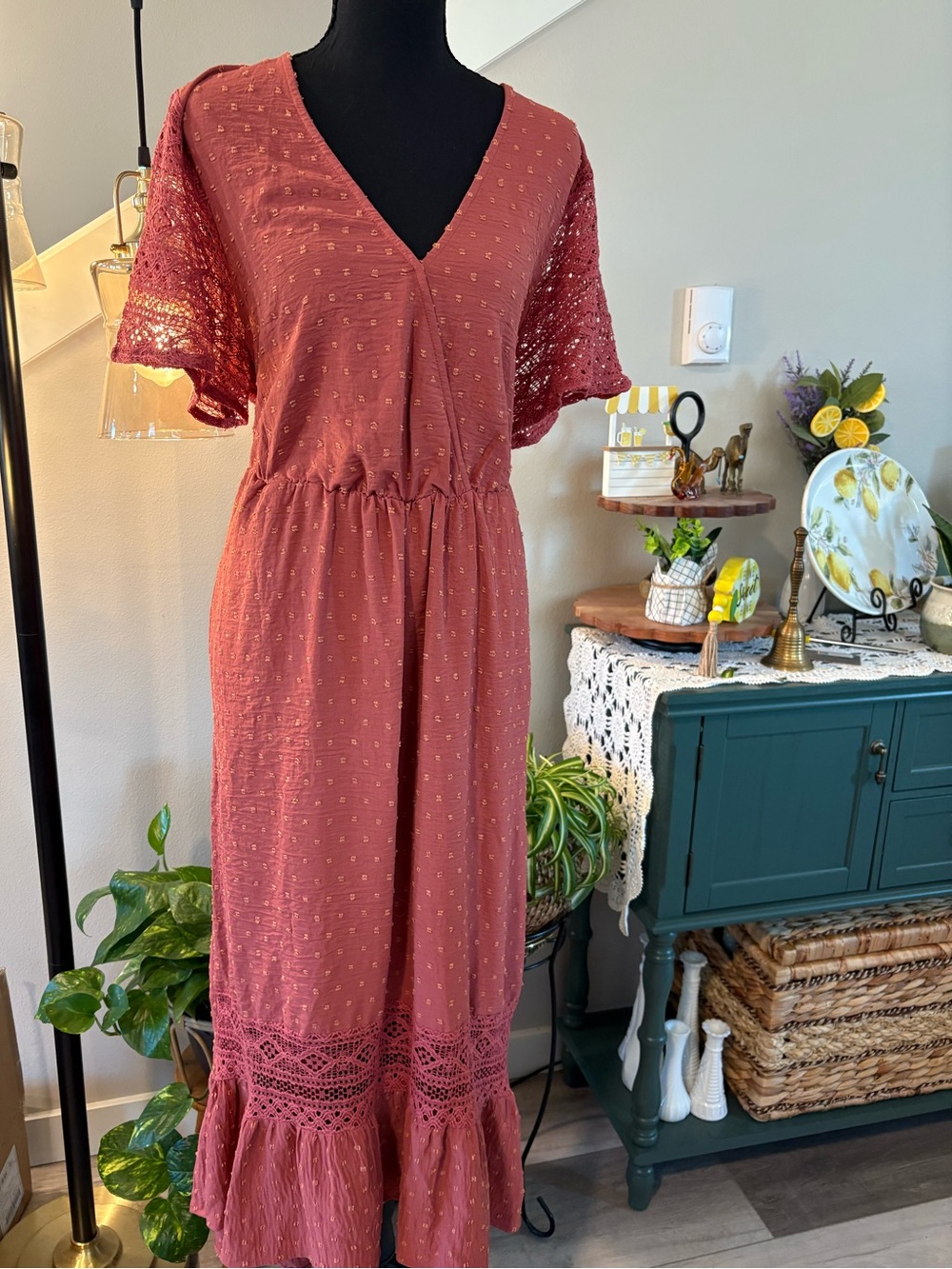 BloomChic Rust Midi Dress with Lace Sleeves